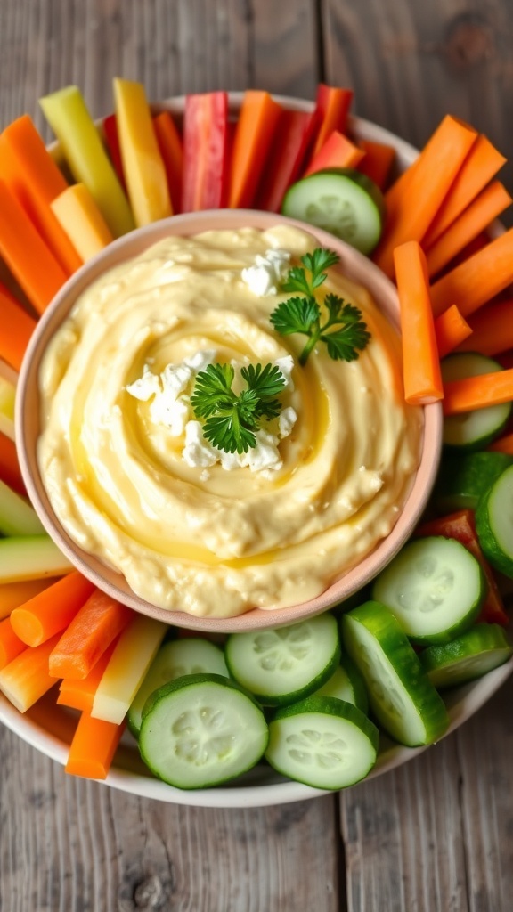 Feta Lemon Dip Recipe A bowl of feta lemon dip with vegetables for dipping on a rustic table.